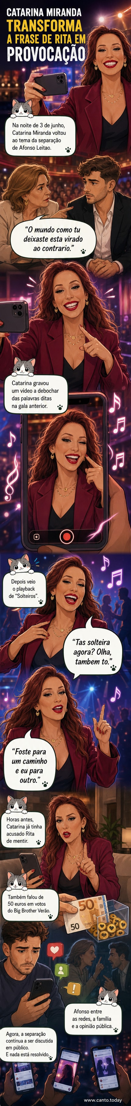 Painel de webtoon mostra Catarina Miranda gravando um vídeo com legenda da música 'Solteiros' e frase da mãe de Afonso Leitão em destaque.