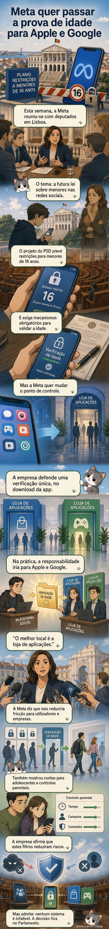 Ilustração de um parlamento com silhuetas de deputados, enquanto um smartphone exibe um aviso de verificação de idade com os logótipos da Meta, Apple e Google.