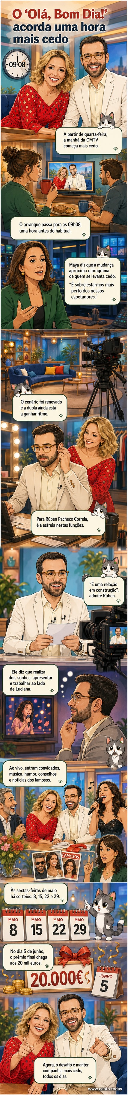 Dupla de apresentadores Luciana Abreu e Rúben Pacheco Correia sorrindo no novo cenário do programa 'Olá, Bom dia!' da CMTV, com relógio marcando horário de início mais cedo.