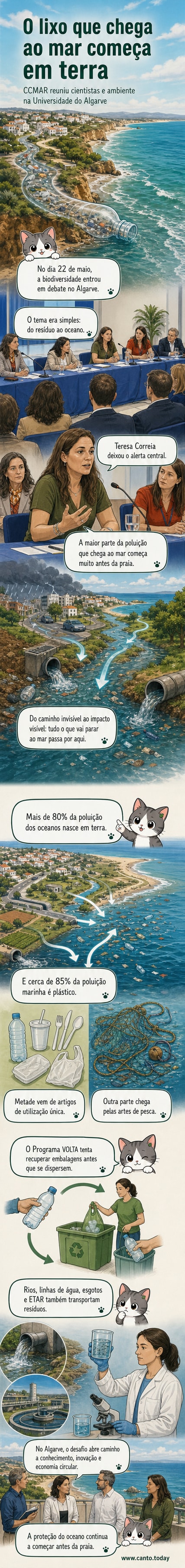 Ilustração de um rio poluído a fluir para o oceano, com plásticos visíveis e um fundo marinho afetado, simbolizando a origem terrestre da poluição marinha.