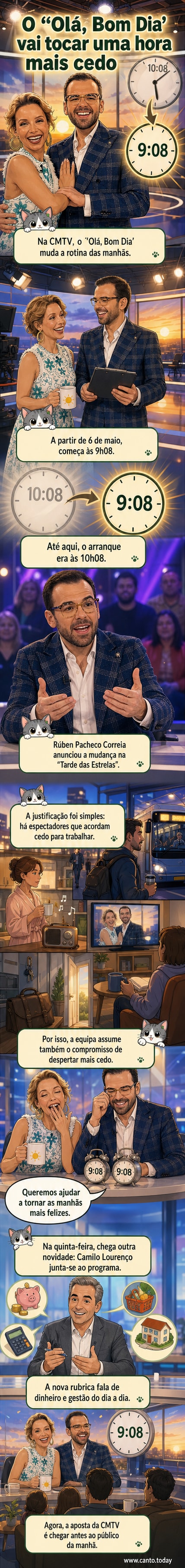 Capa do webtoon com os apresentadores Luciana Abreu e Rúben Pacheco Correia em estúdio, com horários antigo e novo em destaque.