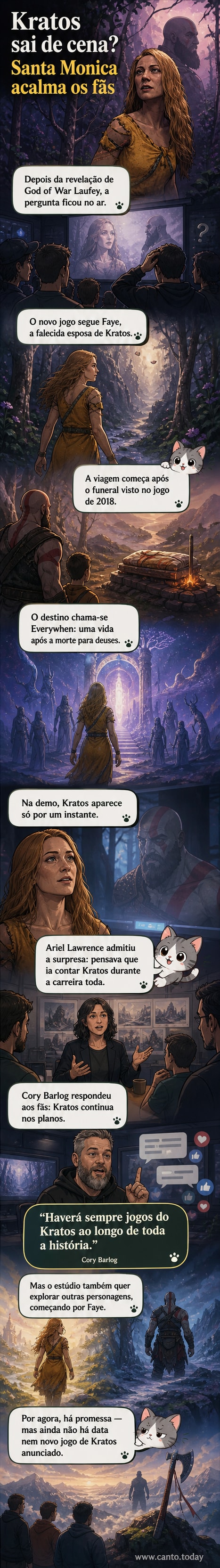 Imagem estilizada de Kratos com olhar sério ao fundo de um cenário nórdico nevado, com o logotipo de God of War ao centro.