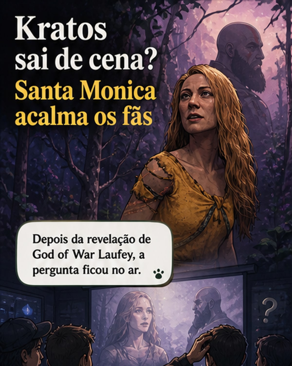 Imagem estilizada de Kratos com olhar sério ao fundo de um cenário nórdico nevado, com o logotipo de God of War ao centro.