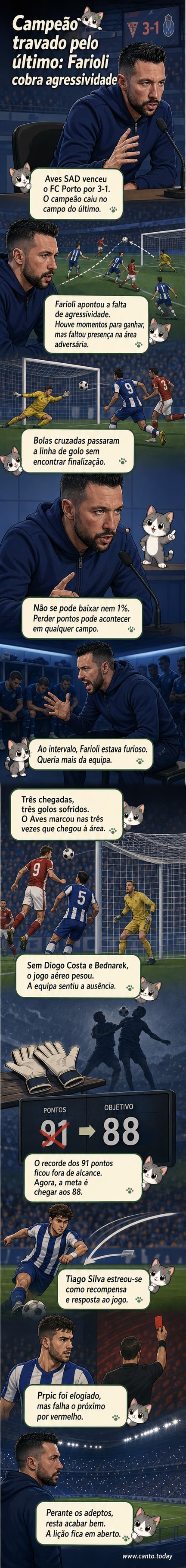 Treinador Francesco Farioli no banco do FC Porto durante derrota para o Aves SAD, com jogadores em campo sob luzes do estádio à noite.