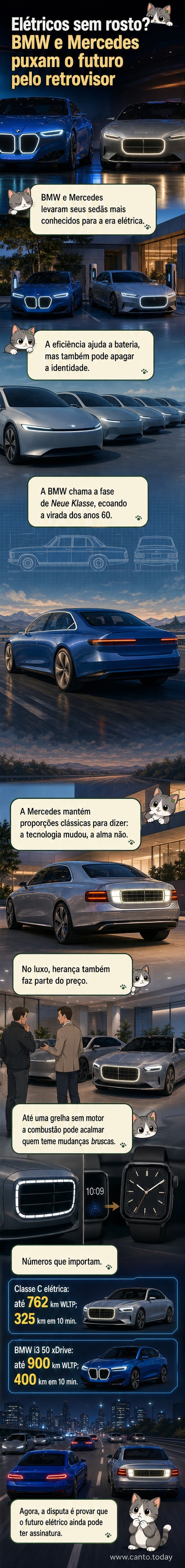 Ilustração de dois carros elétricos modernos com traços clássicos: um BMW i3 com grade dianteira icônica e curva Hofmeister em LED, ao lado de um Mercedes Classe C Elétrica com formato de três volumes e grelha retangular.