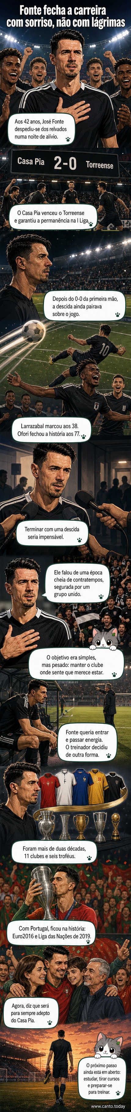 José Fonte, de braços levantados no relvado, a celebrar com a camisola do Casa Pia após a vitória que garantiu a permanência do clube na I Liga e encerrou sua carreira aos 42 anos.