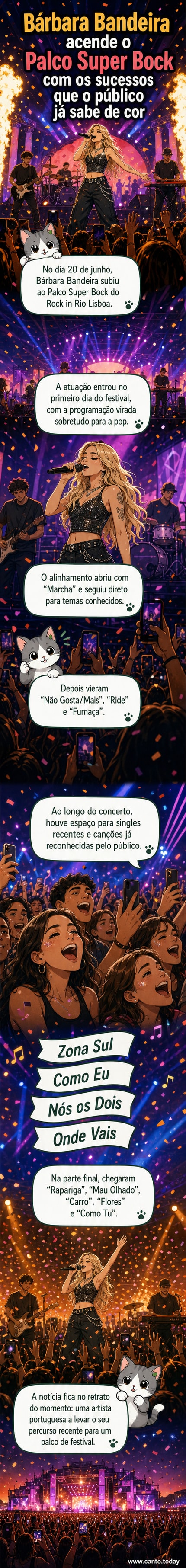 Bárbara Bandeira em palco durante o Rock in Rio Lisboa 2026, com luzes coloridas ao fundo e público animado.