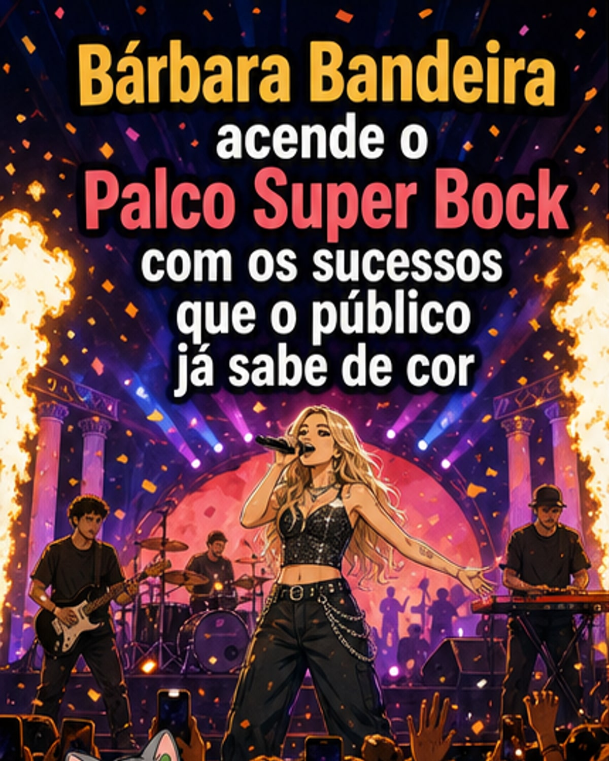 Bárbara Bandeira em palco durante o Rock in Rio Lisboa 2026, com luzes coloridas ao fundo e público animado.