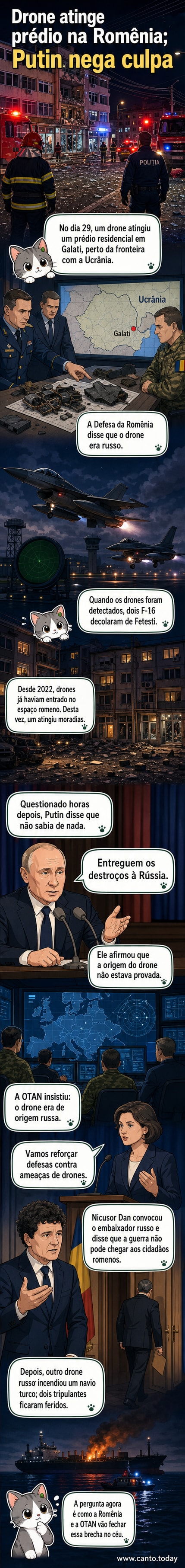 Bombeiros e policiais no local de uma explosão após drone atingir prédio residencial em Galați, Romênia