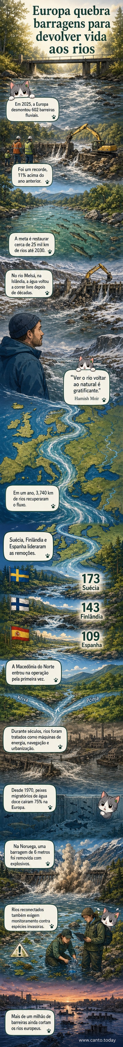 Ilustração de um rio com fluxo natural sendo restaurado após a remoção de uma barragem, com peixes nadando livremente e vegetação ribeirinha se recuperando.