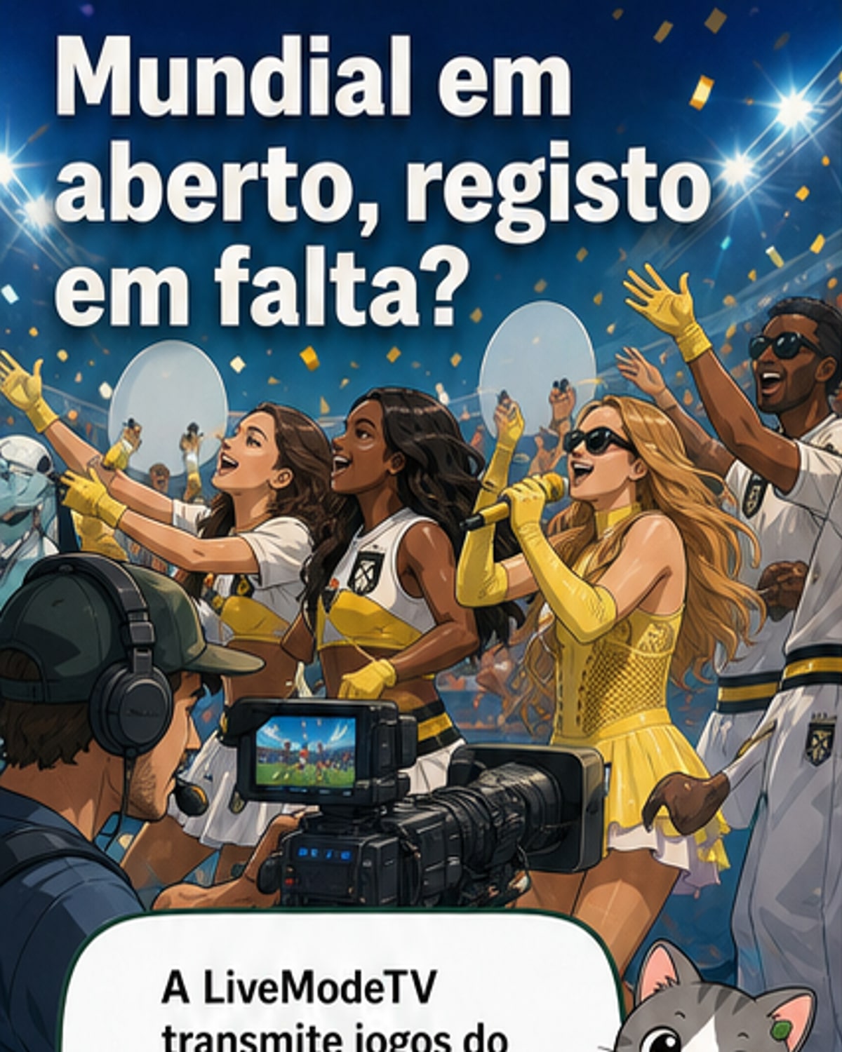 Logotipo da LiveModeTV ao lado do brasão da ERC, com fundo de estádio de futebol e jogadores em ação, simbolizando a transmissão do Mundial 2026.