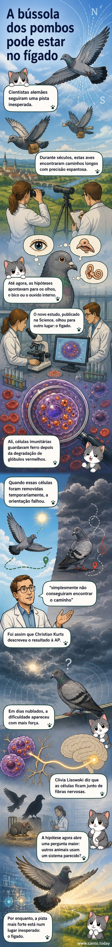 Ilustração de um pombo voando sobre um mapa com linhas magnéticas, com um destaque no fígado mostrando partículas de ferro alinhadas como uma bússola interna.