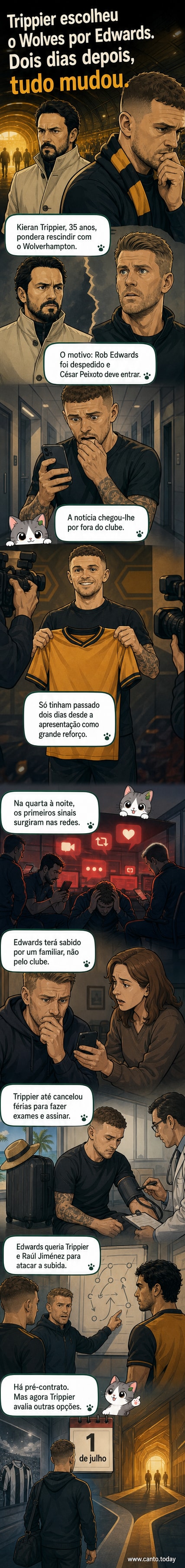 Ilustração de um treinador português a entrar num estádio enquanto um jogador olha para trás com expressão de dúvida, com o logotipo do Wolverhampton ao fundo.
