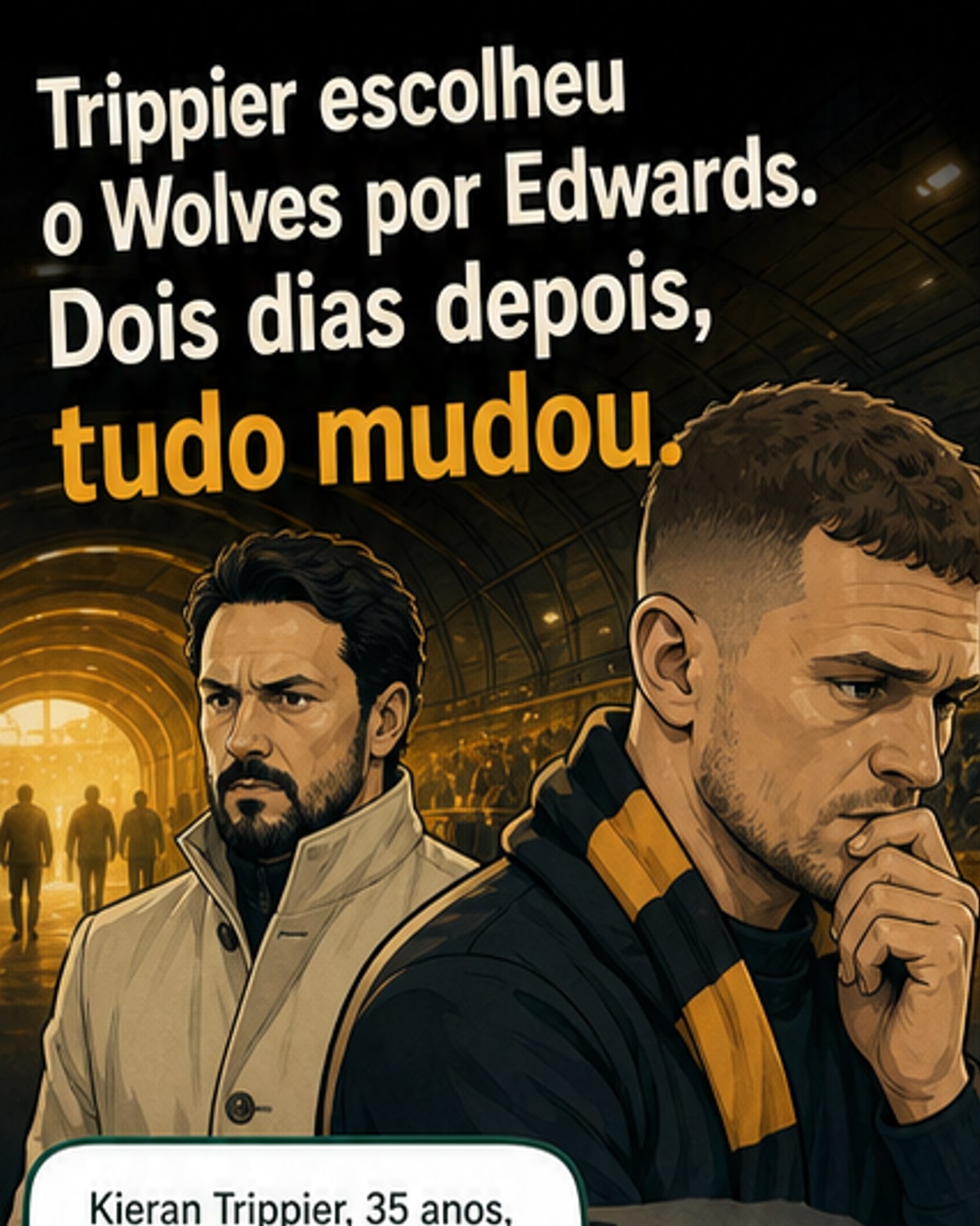 Ilustração de um treinador português a entrar num estádio enquanto um jogador olha para trás com expressão de dúvida, com o logotipo do Wolverhampton ao fundo.