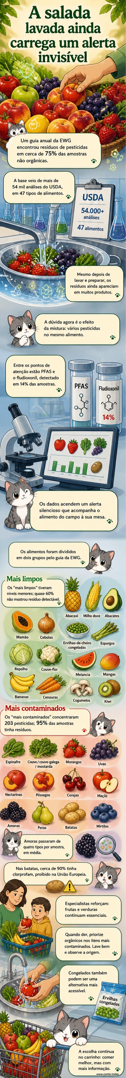 Ilustração de uma cesta de frutas e legumes com ícones de gotas tóxicas sobre alguns itens, destacando morangos, espinafre e batatas como os mais contaminados por agrotóxicos.