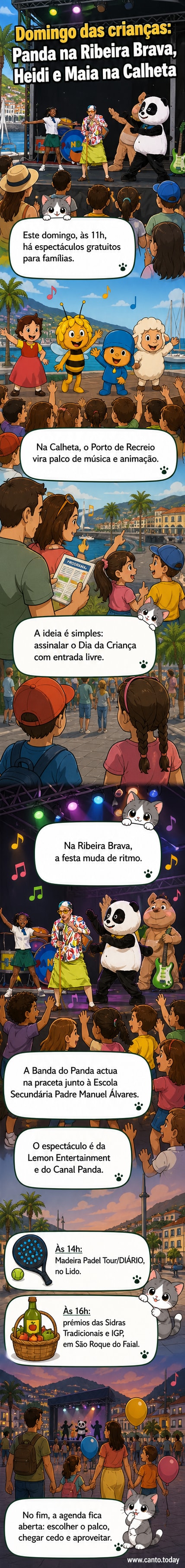Personagens infantis como Pocoyo e Abelha Maia ao lado de membros da Banda do Panda em evento ao ar livre com famílias na Madeira