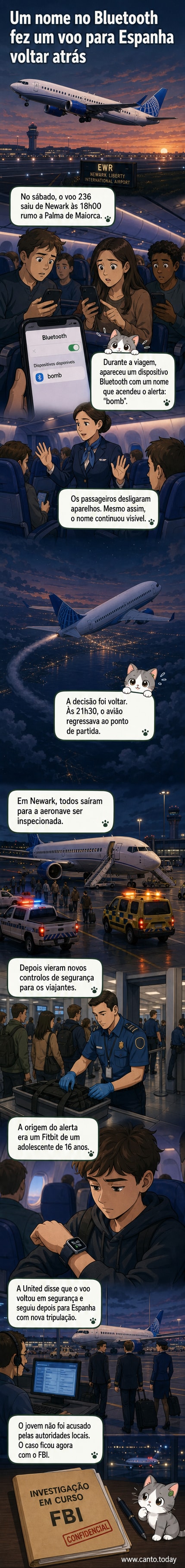 Ilustração de um avião retornando ao aeroporto enquanto um relógio inteligente com o nome 'bomb' pisca na tela de um smartphone.