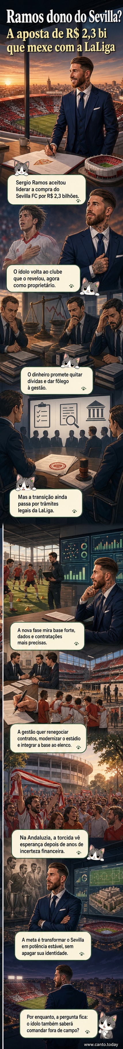 Ilustração de Sérgio Ramos em uniforme de jogador, segurando um documento com o logotipo do Sevilla FC, ao fundo um estádio lotado.