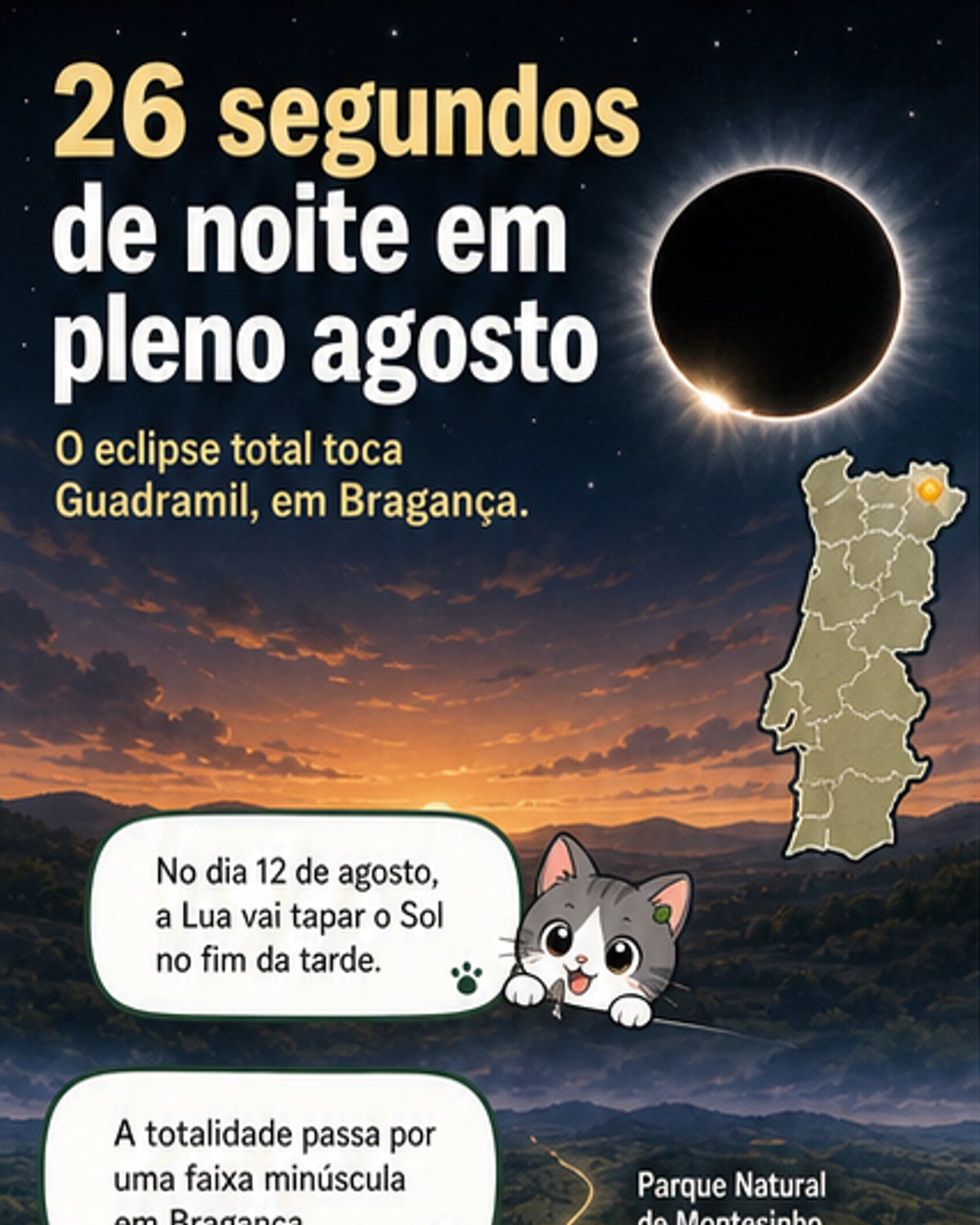 Ilustração de um eclipse solar total visto de uma aldeia em Portugal, com o Sol completamente encoberto pela Lua, revelando a coroa solar, enquanto pessoas observam com óculos especiais.