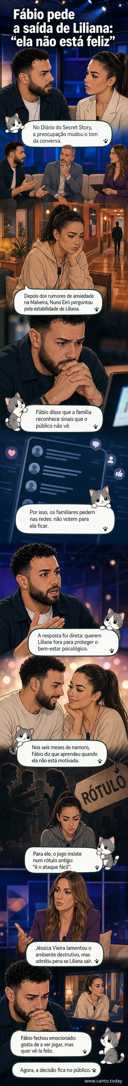 Fábio Pereira fala emocionado em estúdio sobre a saúde emocional de Liliana Oliveira durante participação no Diário do Secret Story.