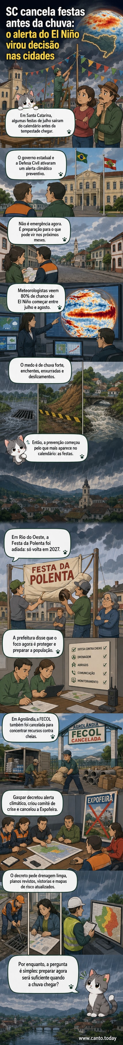 Ilustração de uma cidade catarinense com céu nublado, placas de alerta climático e cartazes de festas canceladas, simbolizando a antecipação de riscos por El Niño.