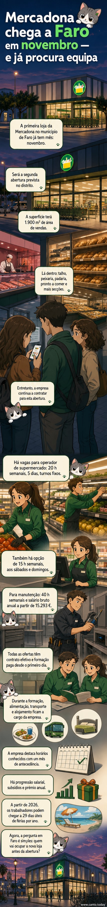 Ilustração de uma nova loja Mercadona em Faro com funcionários a preparar prateleiras e clientes a entrar, simbolizando a abertura e a contratação em curso.