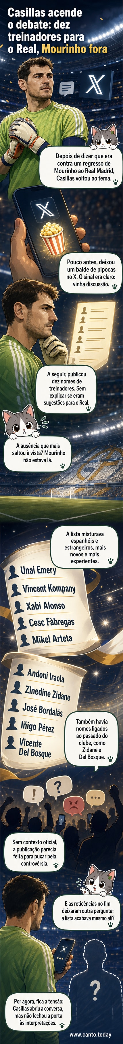 Ilustração de Iker Casillas apontando para uma lista com dez nomes de treinadores, incluindo Xabi Alonso e Zidane, com um balde de pipocas ao lado.