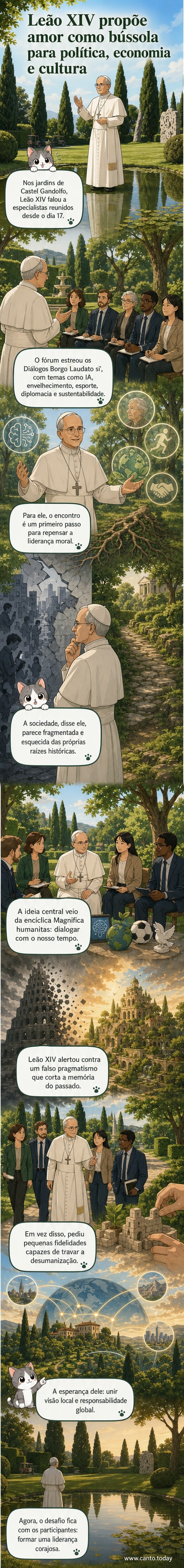 Ilustração de um papa falando diante de um jardim com símbolos de paz e tecnologia, enquanto imagens de pessoas, árvores e circuitos se entrelaçam ao fundo.