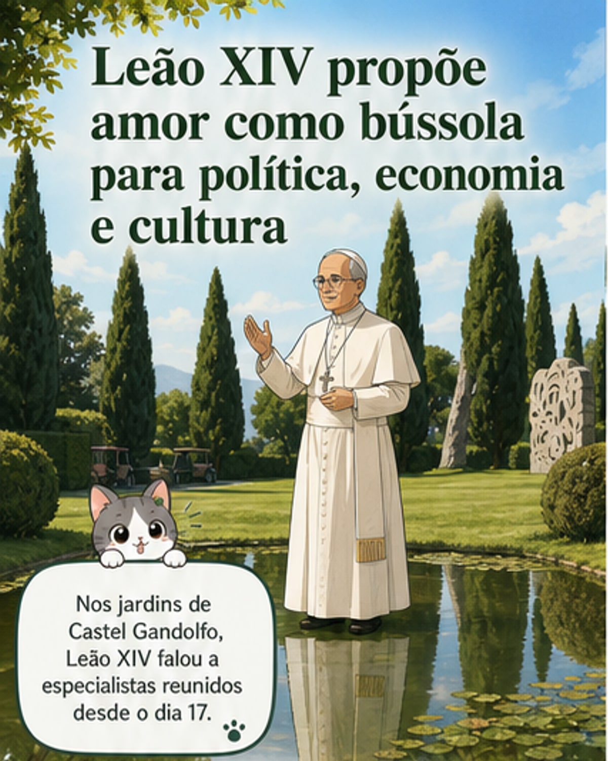 Ilustração de um papa falando diante de um jardim com símbolos de paz e tecnologia, enquanto imagens de pessoas, árvores e circuitos se entrelaçam ao fundo.