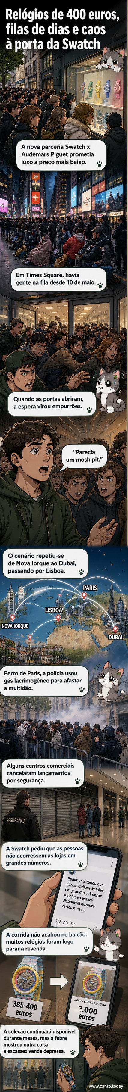 Multidão em frente a uma loja da Swatch com grades fechadas, enquanto a polícia em uniforme observa; ao fundo, cartazes promocionais do relógio Swatch x Audemars Piguet.
