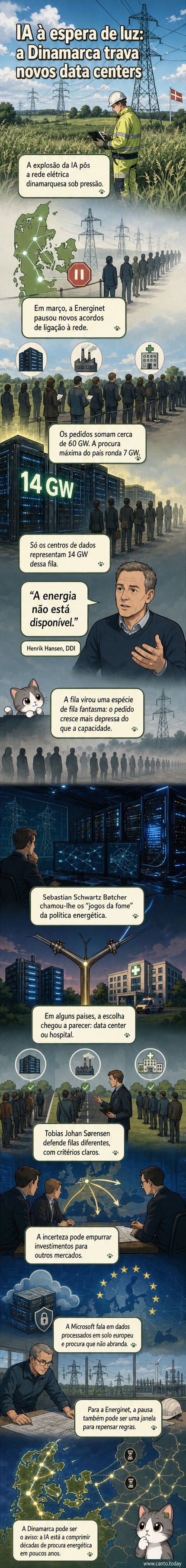 Ilustração de um centro de dados ao lado de uma cidade, com linhas de energia sobrecarregadas e um medidor elétrico no vermelho, simbolizando a pressão sobre a rede europeia.
