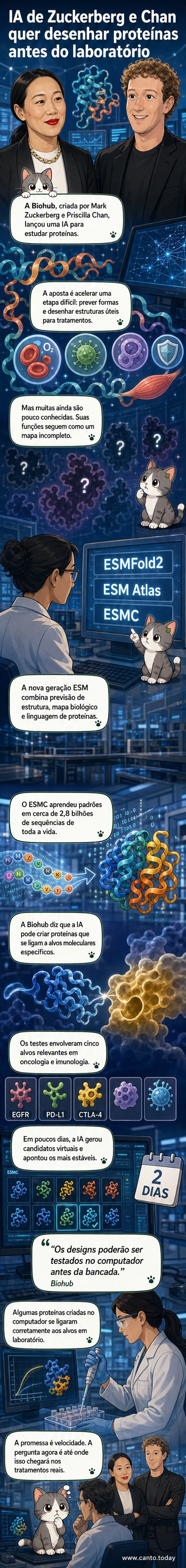 Ilustração de uma molécula de proteína sendo modelada por uma interface de inteligência artificial, com circuitos digitais ao fundo.