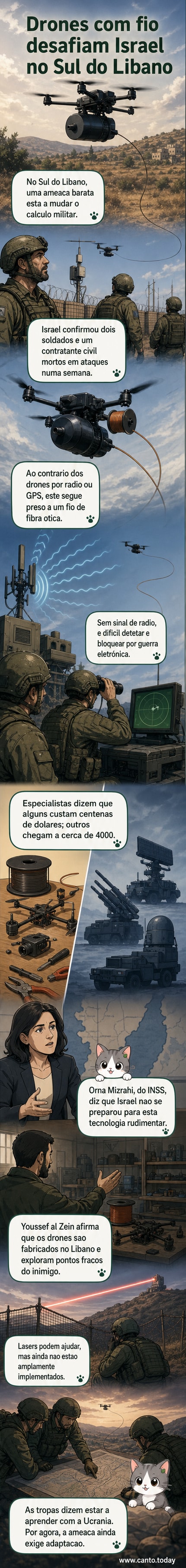 Ilustração de um drone pequeno voando com um fino cabo de fibra ótica ligado ao solo, num cenário de fronteira com montanhas ao fundo.