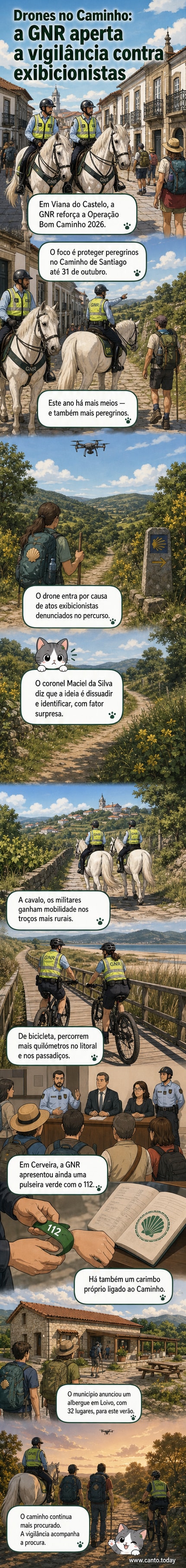 Drone voando sobre trilho rural com peregrinos ao fundo, enquanto agente da GNR observa com tablet em mãos.