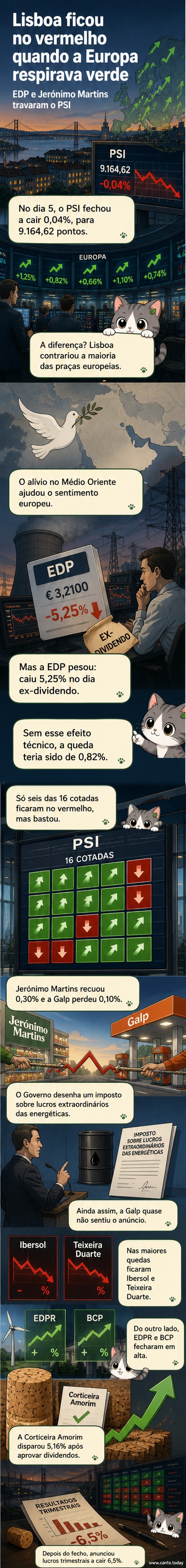 Gráfico do PSI com leve queda, ao lado de ícones de empresas como EDP em vermelho e Corticeira Amorim em verde, simbolizando os movimentos opostos no mercado de ações de Lisboa.