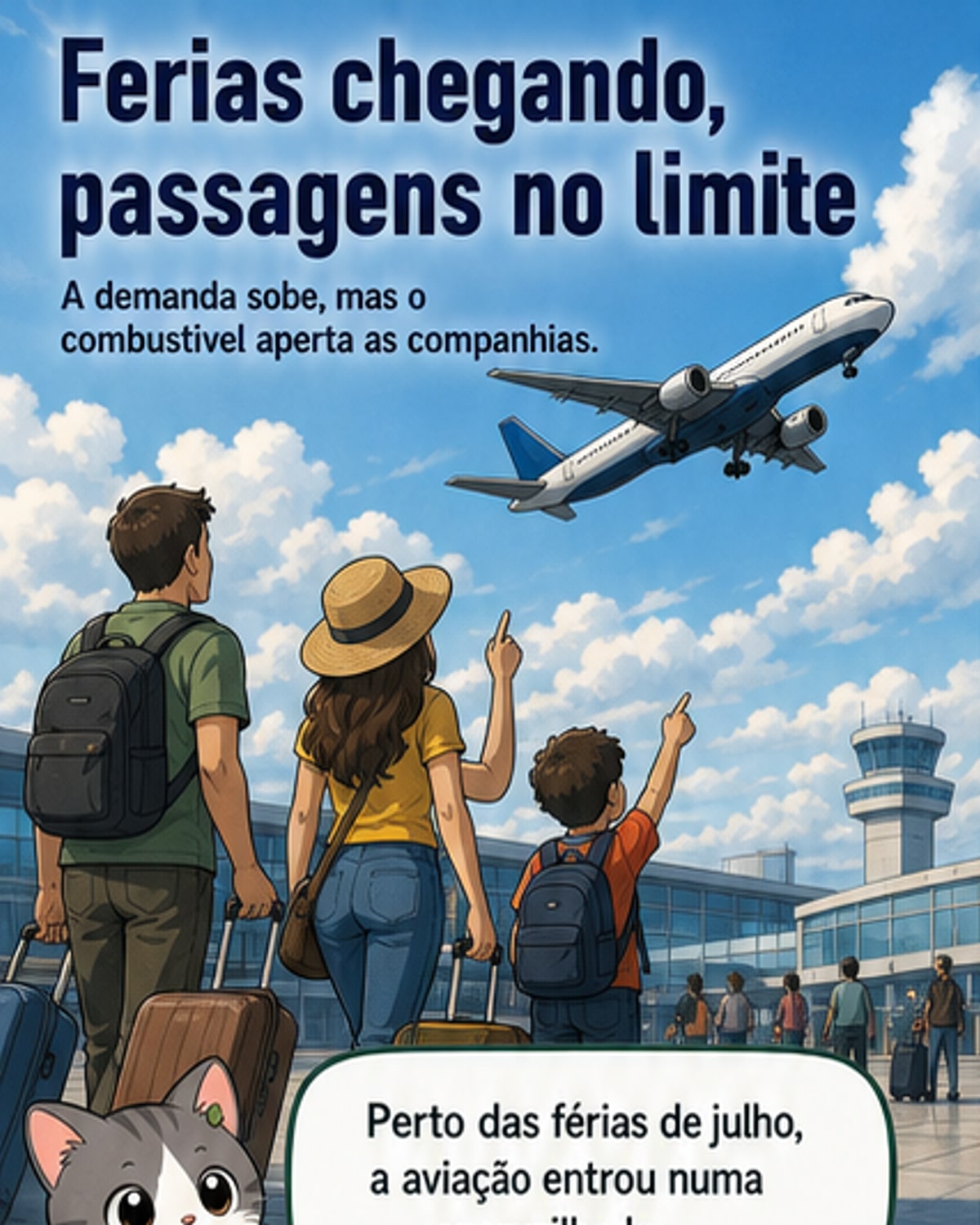 Ilustração de um avião em voo com gráficos de custo e preços ao fundo, simbolizando a pressão sobre a aviação comercial antes das férias.