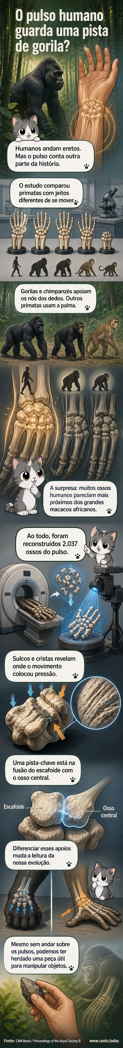 Ilustração comparando a anatomia do pulso humano com a de um gorila, destacando a fusão de ossos que estabilizam o movimento sobre os punhos.