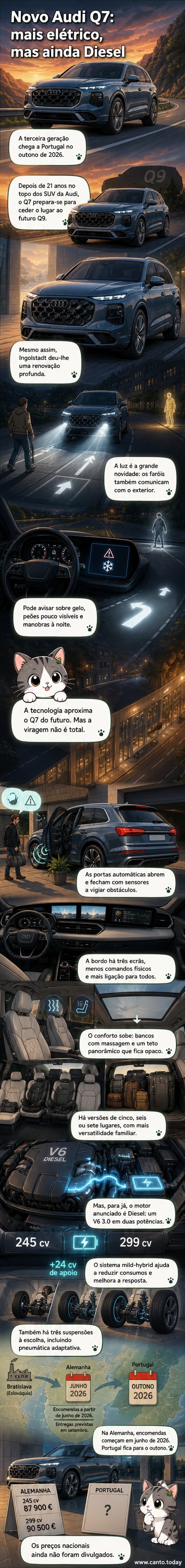 Ilustração do novo Audi Q7 2026 em frente a um cenário urbano noturno, com luzes digitais projetando sinais no solo ao redor do veículo.