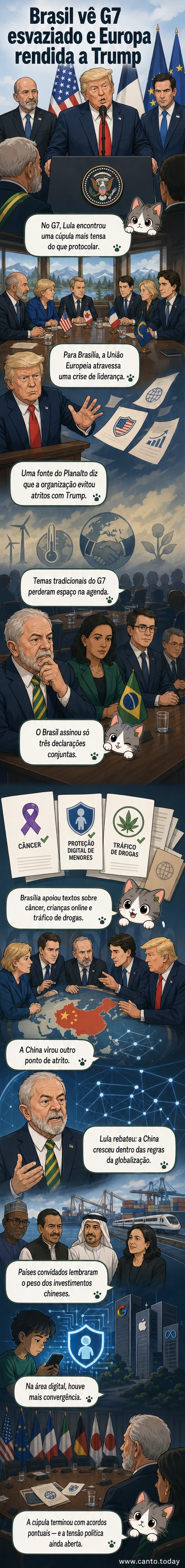 Ilustração de líderes do G7 em mesa redonda, com Lula ao lado de Trump e representantes europeus, em clima de tensão diplomática.