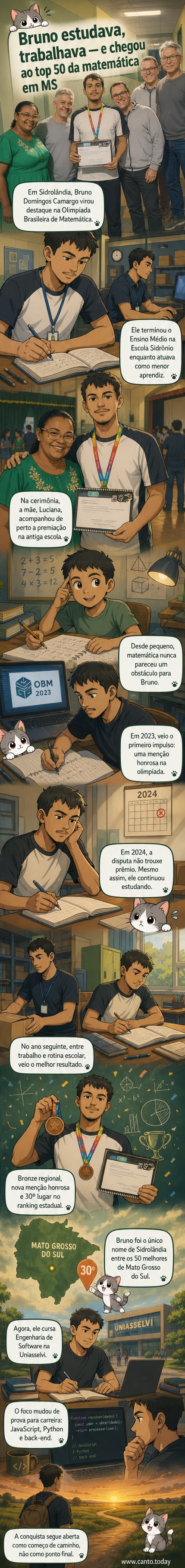 Ilustração de um jovem estudante segurando uma medalha de matemática, com livros e código de programação ao fundo, simbolizando superação e dedicação.