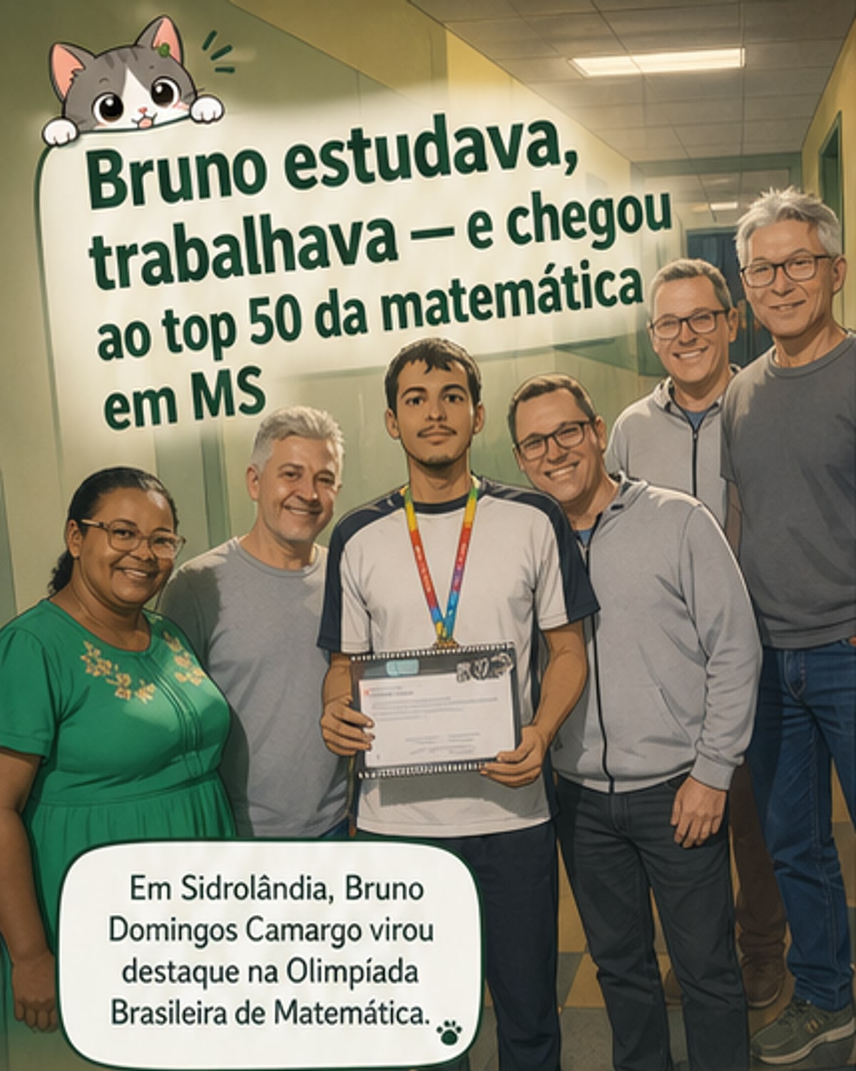 Ilustração de um jovem estudante segurando uma medalha de matemática, com livros e código de programação ao fundo, simbolizando superação e dedicação.
