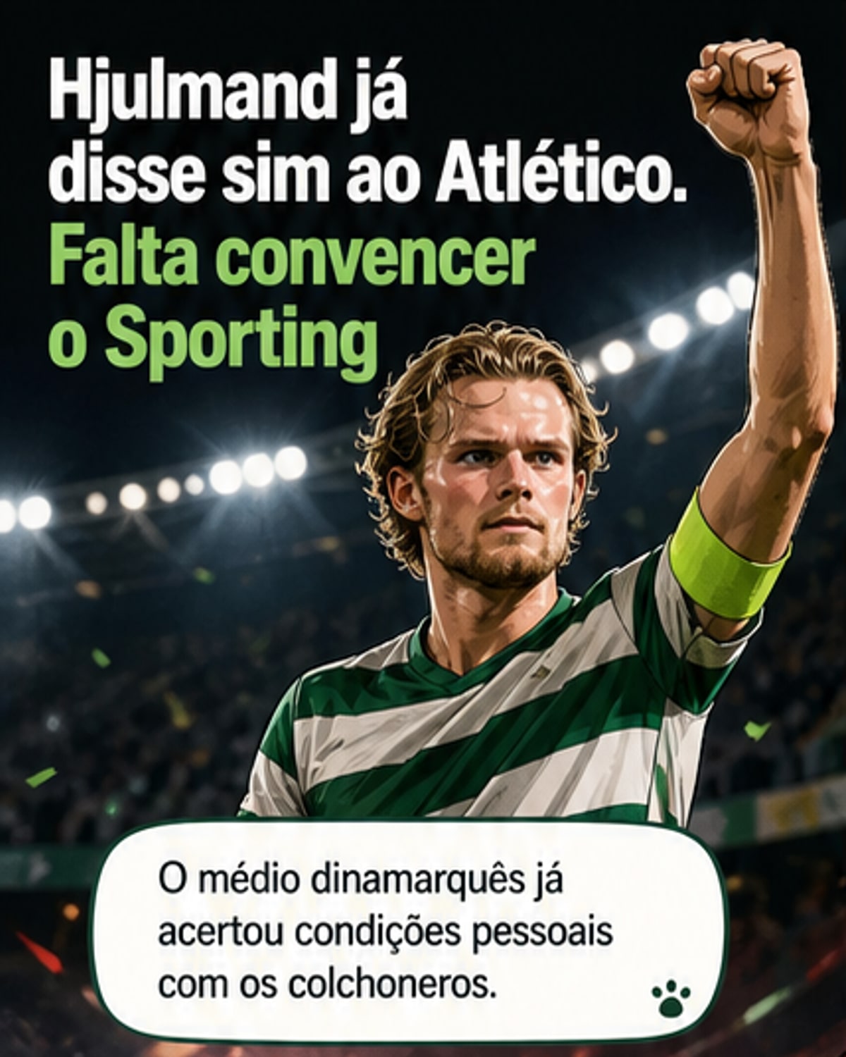 Ilustração de um jogador de futebol entre dois emblemas: o do Sporting e o do Atlético de Madrid, com uma seta indicando transferência.