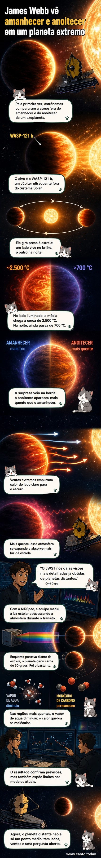 Ilustração de um exoplaneta com um lado incandescente e outro escuro, mostrando ventos quentes se movendo da luz para a sombra, com o Telescópio Espacial James Webb no espaço ao fundo.