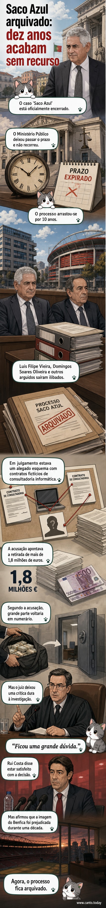 Ilustração de um saco azul com selo de 'arquivado' e documentos espalhados, simbolizando o encerramento do caso judicial após 10 anos.