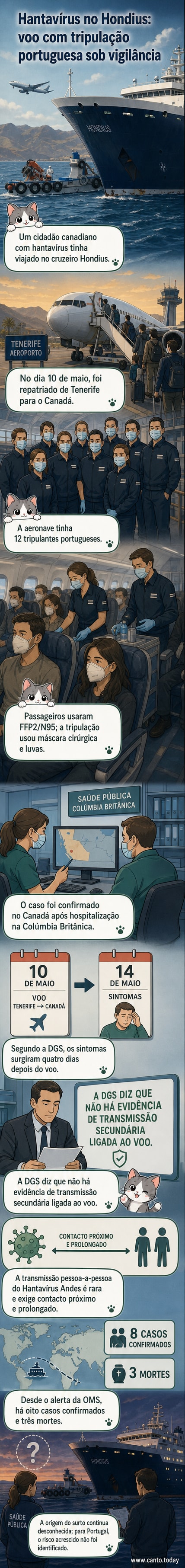 Ilustração de um avião com tripulação portuguesa e um passageiro canadense infectado com hantavírus, com ícones médicos e de segurança ao fundo.