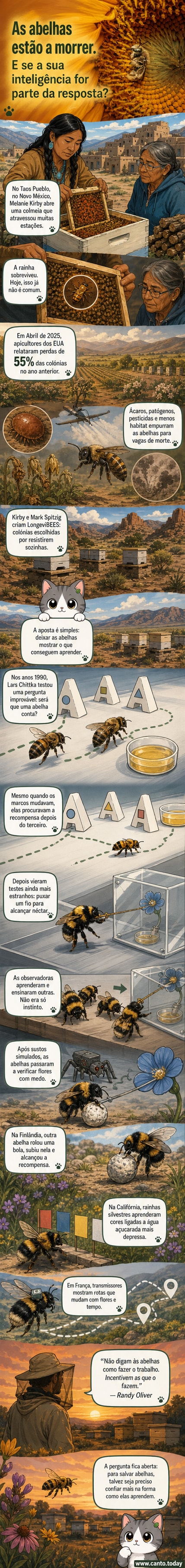 Ilustração de uma abelha em um labirinto com uma bola, tentando alcançar uma flor artificial, em um experimento científico sobre inteligência