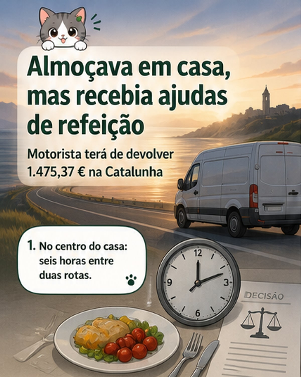 Ilustração de um motorista sentado à mesa em casa, com o camião ao fundo e um documento judicial na mão.