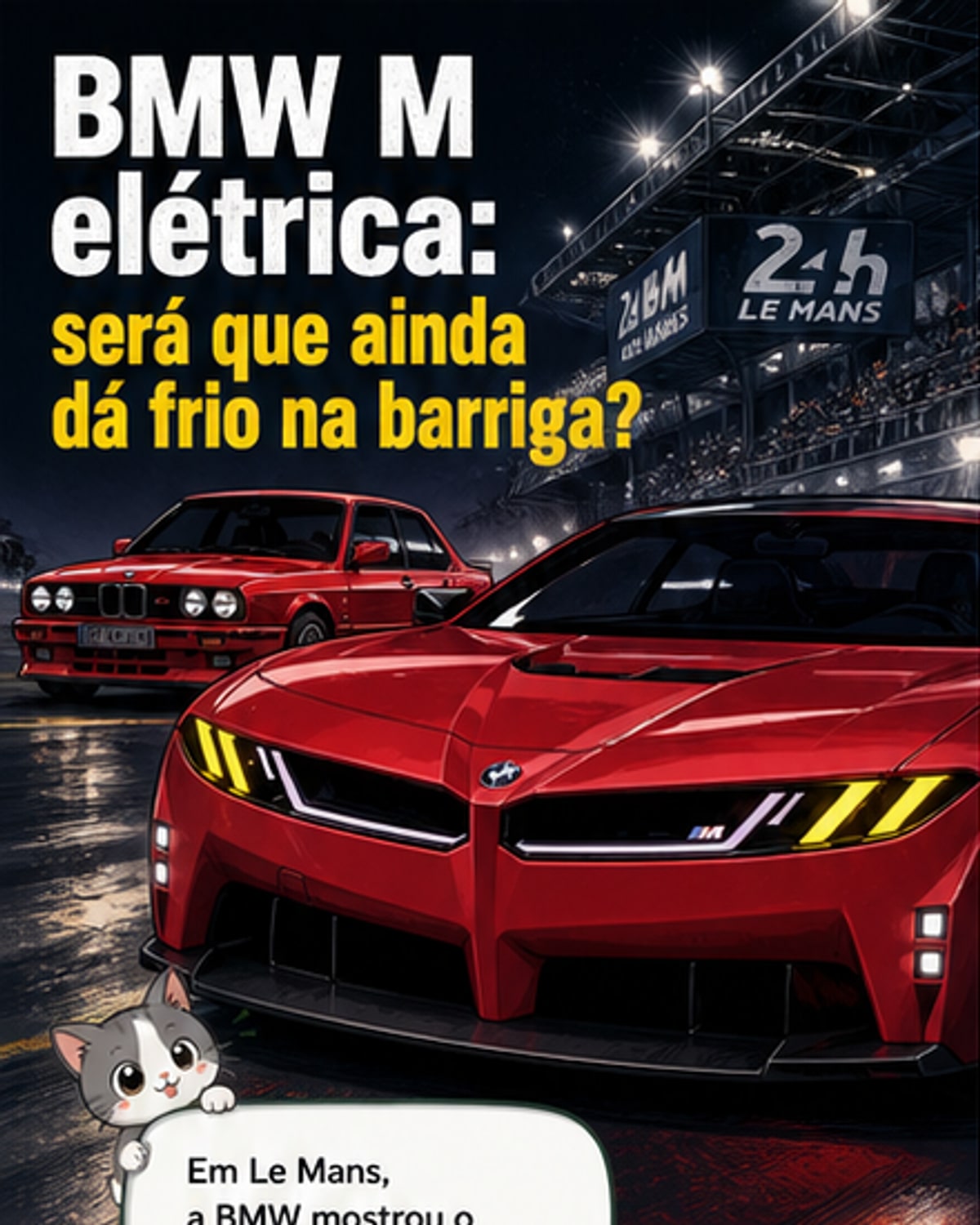 Ilustração do BMW M Concept Neue Klasse em preto e amarelo, com design aerodinâmico e faróis amarelos, em frente a uma pista de corrida durante o evento 24 Horas de Le Mans.