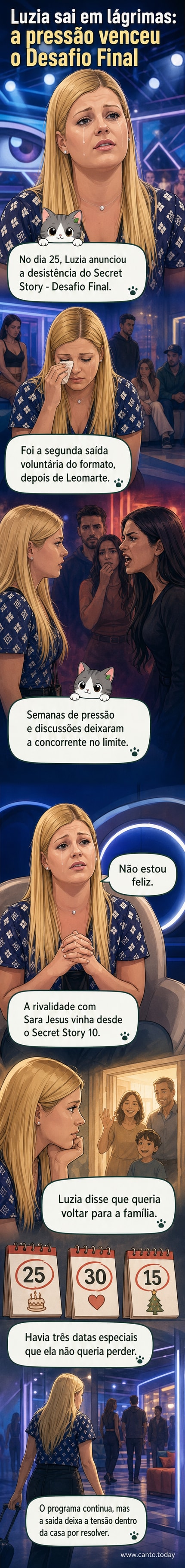 Imagem de Luzia a chorar durante o anúncio da sua desistência no 'Secret Story – Desafio Final', com fundo da casa do reality.