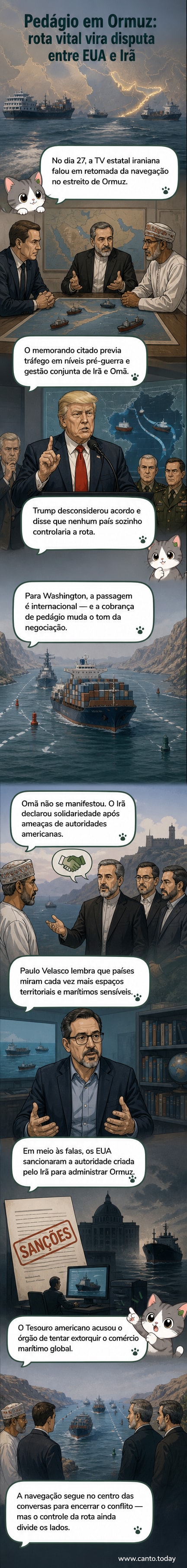 Mapa do Estreito de Ormuz com navios e símbolos de tensão militar entre EUA e Irã